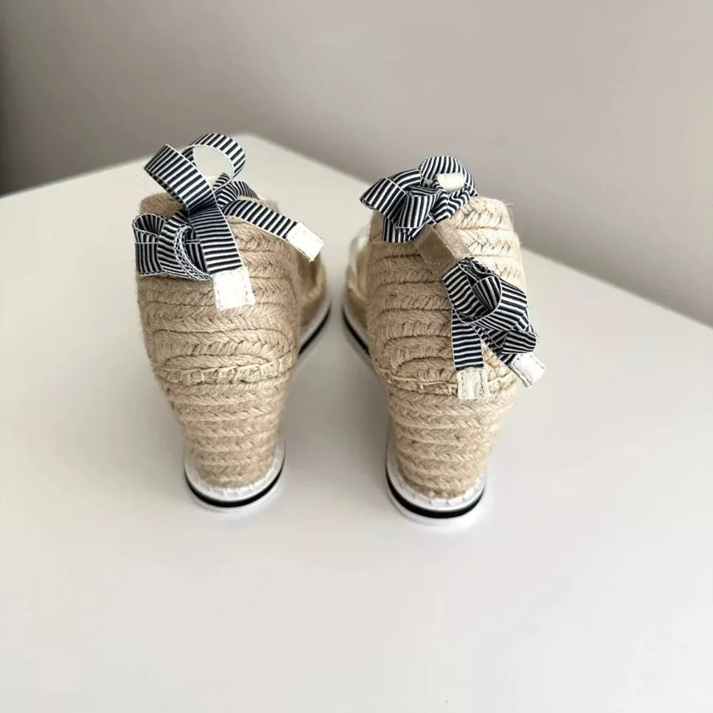 NEW TONY BIANCO Ankle Wrap Espadrille Wedge Sandals in White/Blue Stripe Size 8